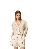 Twinset - Camicia Cropped C/ Ricamo Ciliegie - 261tt2420-13577 - Pergamena/Cherries Red Embroid