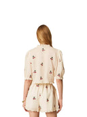 Twinset - Camicia Cropped C/ Ricamo Ciliegie - 261tt2420-13577 - Pergamena/Cherries Red Embroid