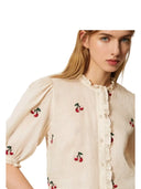 Twinset - Camicia Cropped C/ Ricamo Ciliegie - 261tt2420-13577 - Pergamena/Cherries Red Embroid