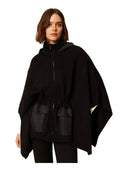 Twinset - Poncho In Maglia C/Cappuccio E Tasche In Tessuto - 262Ta4430-00006 - Nero