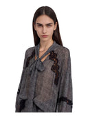 Ermanno Firenze - Blusa Ampia in Georgette Principe di Galles - Tk027eb7-Mf071 - Off White/Nero