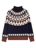 Ermanno Firenze - Maglia Fair Isle Collo Alto c/Cristalli - Tm043e81-Mfc03 - Blu Profondo/Cacao/Off White